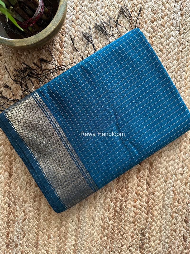 Maheshwari Steel Blue Zari Checks Saree ZCHX475