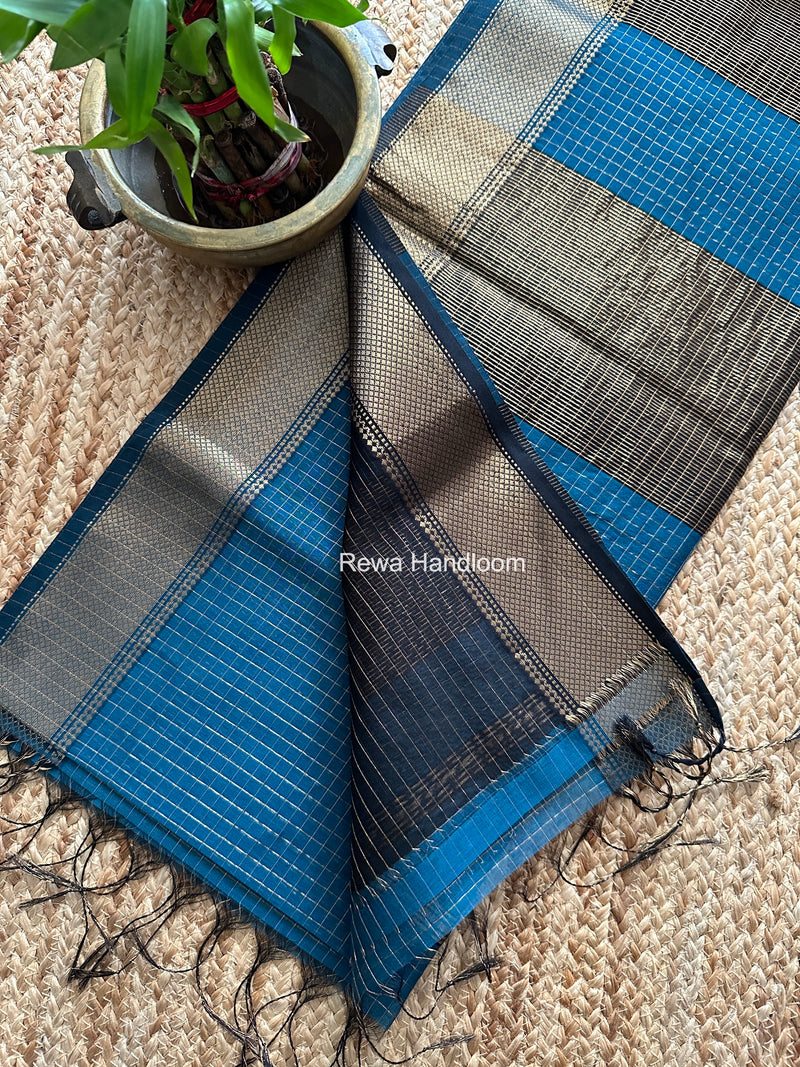 Maheshwari Steel Blue Zari Checks Saree ZCHX475