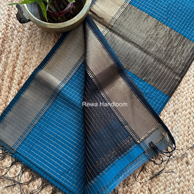 Maheshwari Steel Blue Zari Checks Saree ZCHX475