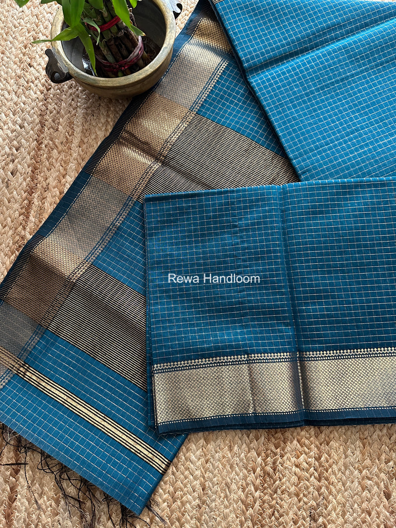Maheshwari Steel Blue Zari Checks Saree ZCHX475