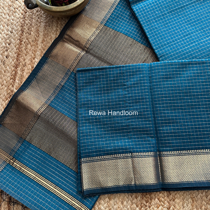 Maheshwari Steel Blue Zari Checks Saree ZCHX475