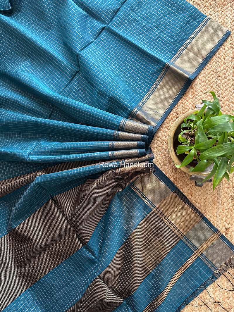 Maheshwari Steel Blue Zari Checks Saree ZCHX475