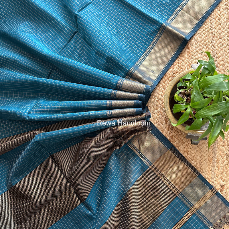 Maheshwari Steel Blue Zari Checks Saree ZCHX475