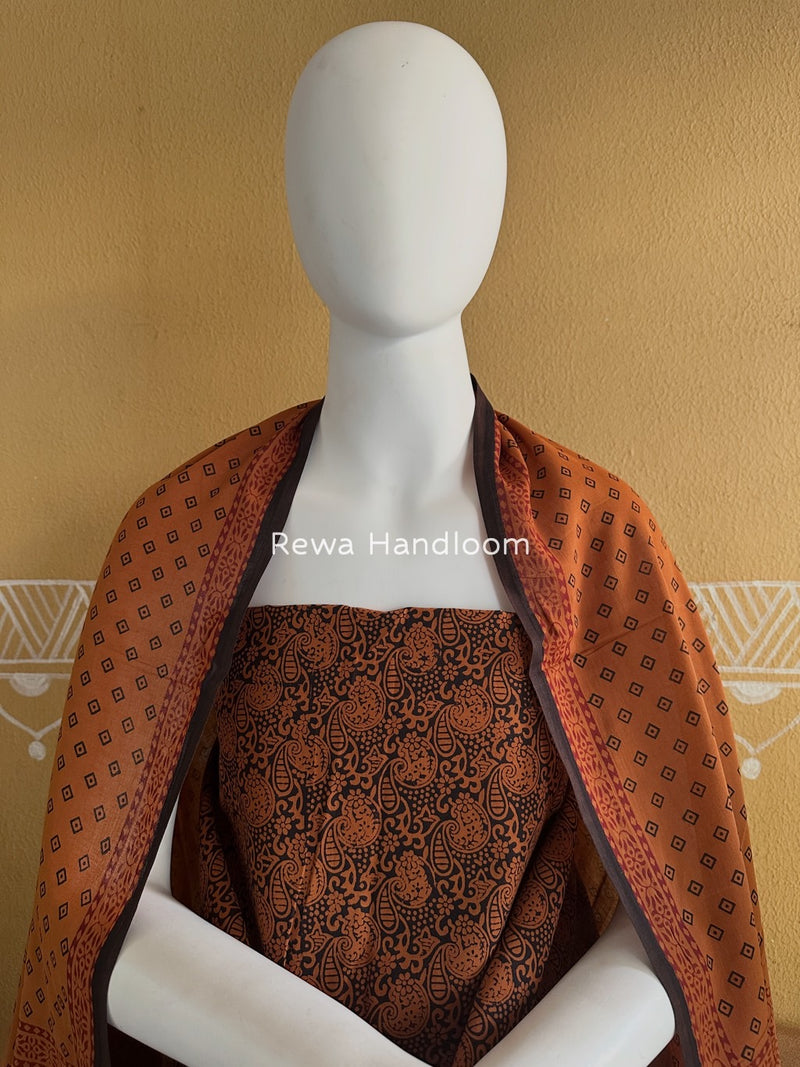 Tobacco-Black Bagh Print Cotton Suit BGCSJ053