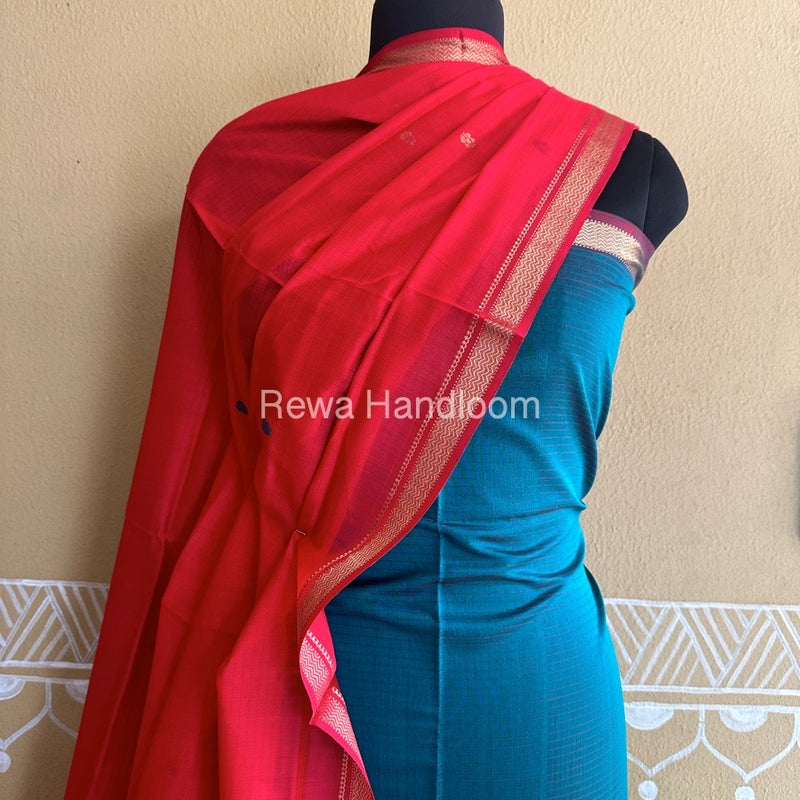 Maheshwari Rama Green-Dark Red Peacock Buta-Buti Top-Dupatta Set BTP0267