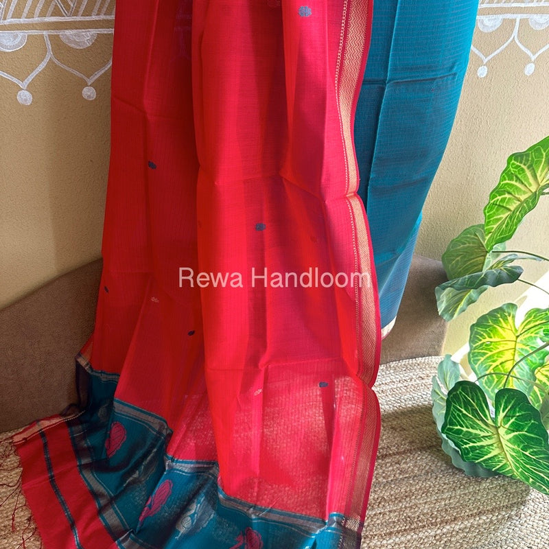 Maheshwari Rama Green-Dark Red Peacock Buta-Buti Top-Dupatta Set BTP0267
