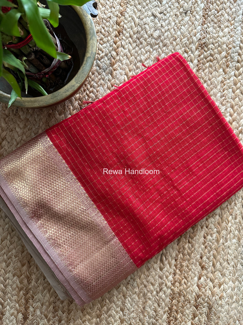 Maheshwari Red Zari Checks Saree ZCHX468