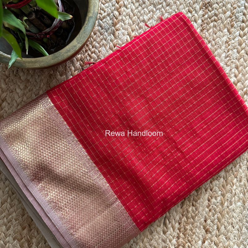 Maheshwari Red Zari Checks Saree ZCHX468
