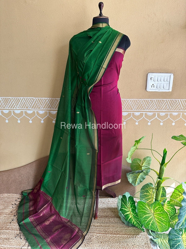 Maheshwari Magenta-Green Peacock Buta-Buti Top-Dupatta Set BTP0274