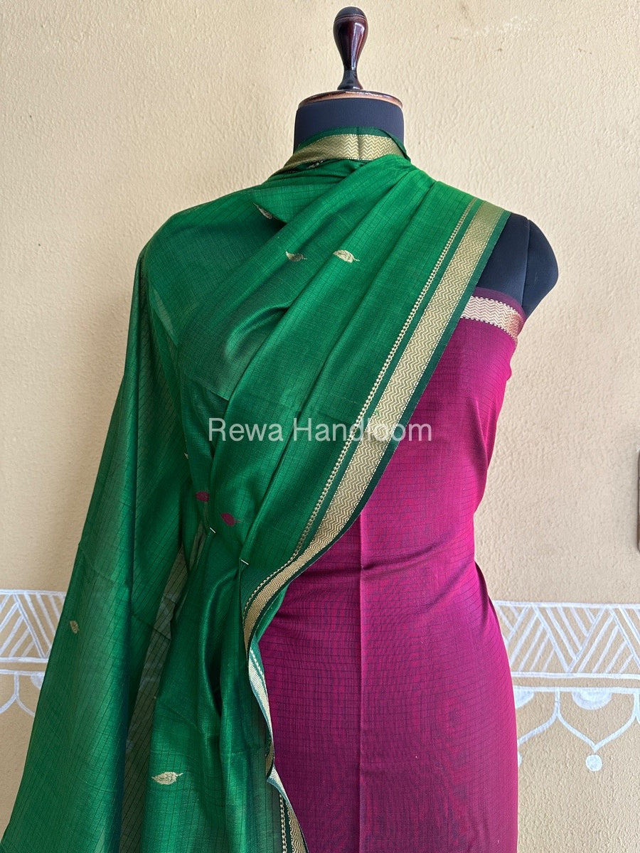 Maheshwari Magenta-Green Peacock Buta-Buti Top-Dupatta Set BTP0274