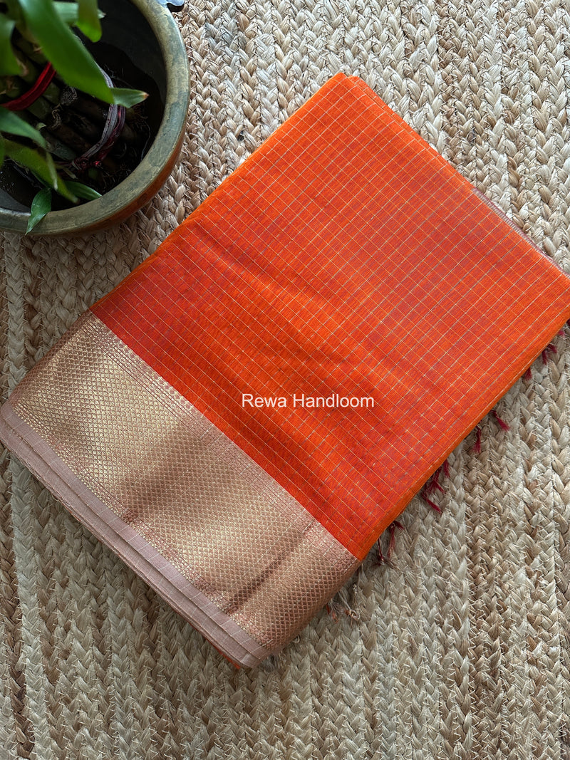Maheshwari Orange Zari Checks Saree ZCHX461