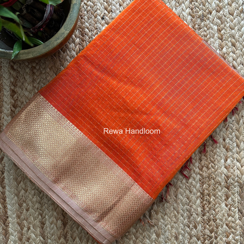 Maheshwari Orange Zari Checks Saree ZCHX461