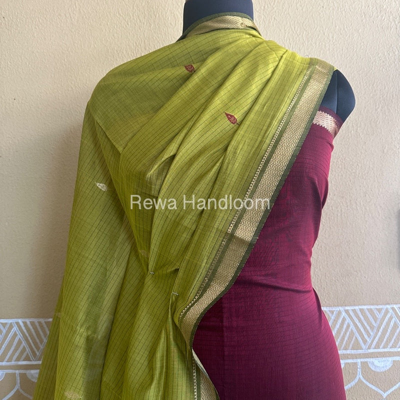 Maheshwari Wine-Mustard Yellow Peacock Buta-Buti Top-Dupatta Set BTP0202