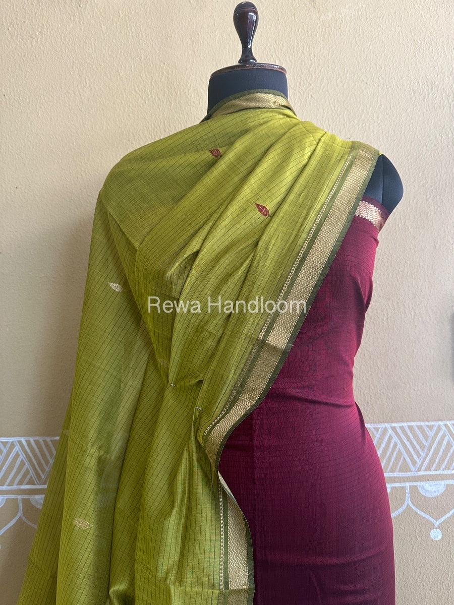 Maheshwari Wine-Mustard Yellow Peacock Buta-Buti Top-Dupatta Set BTP0202