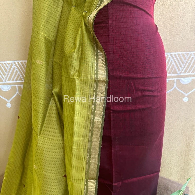 Maheshwari Wine-Mustard Yellow Peacock Buta-Buti Top-Dupatta Set BTP0202