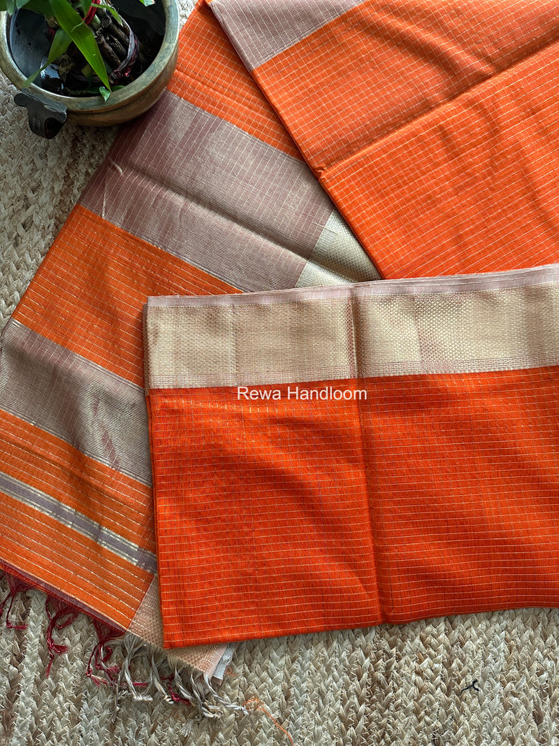 Maheshwari Orange Zari Checks Saree ZCHX461