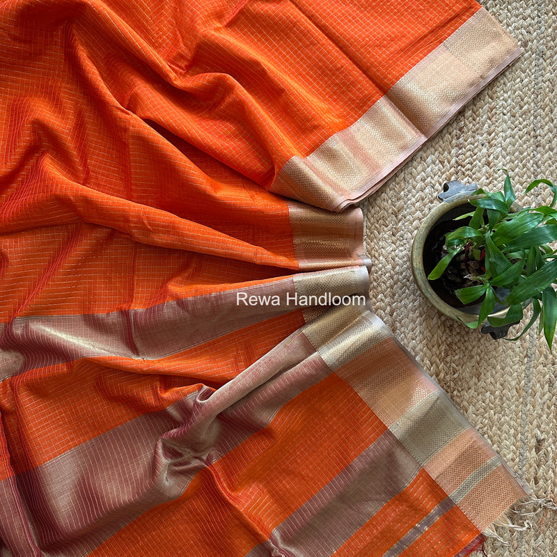 Maheshwari Orange Zari Checks Saree ZCHX461