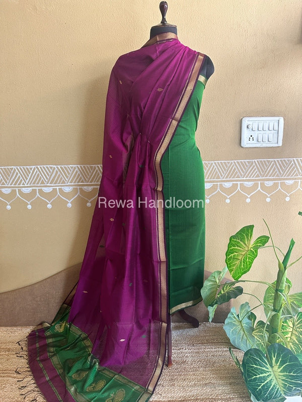Maheshwari Mehendi Green-Dark Magenta Peacock Buta-Buti Top-Dupatta Set BTP0266