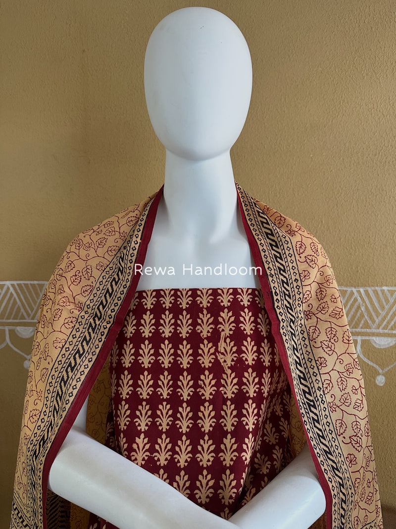 Maroon-Cream Yellow Bagh Print Cotton Suit BGCSJ038