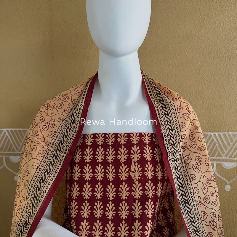Maroon-Cream Yellow Bagh Print Cotton Suit BGCSJ038