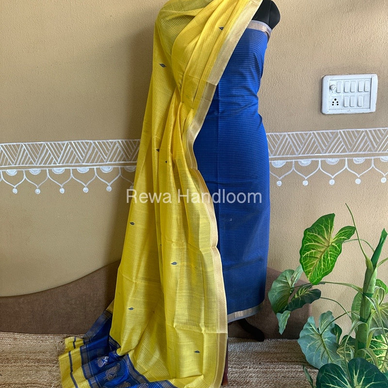 Maheshwari Royal Blue-Lemon Yellow Peacock Buta-Buti Top-Dupatta Set BTP0204