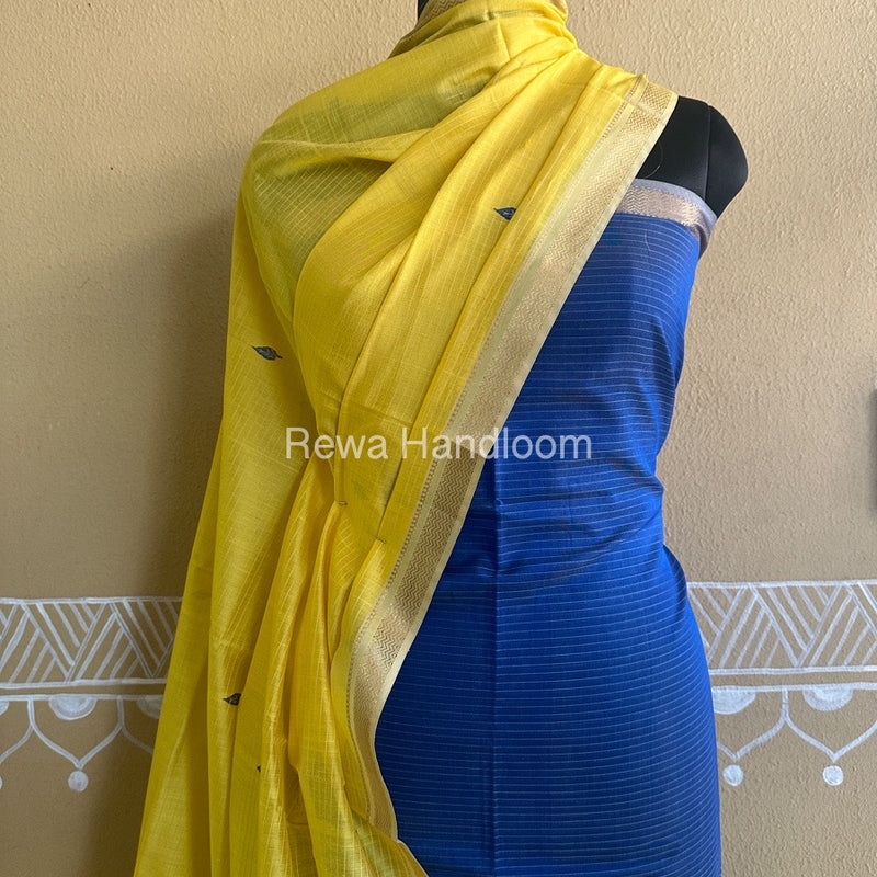 Maheshwari Royal Blue-Lemon Yellow Peacock Buta-Buti Top-Dupatta Set BTP0204