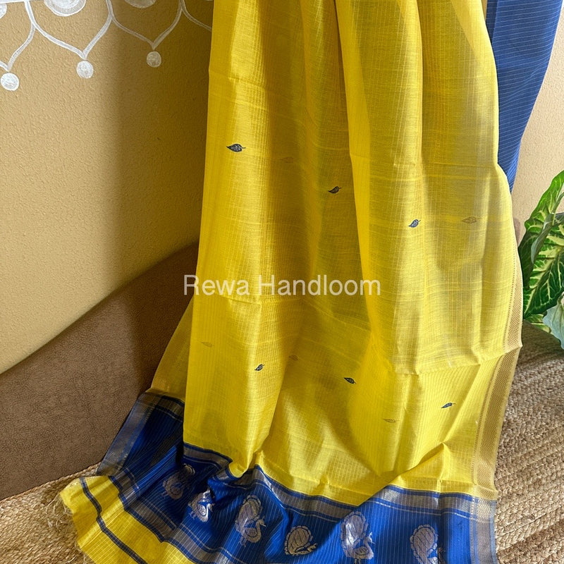Maheshwari Royal Blue-Lemon Yellow Peacock Buta-Buti Top-Dupatta Set BTP0204