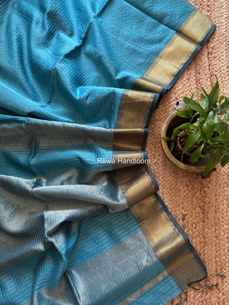 Maheshwari Sky Blue Zari Checks Saree ZCHX497