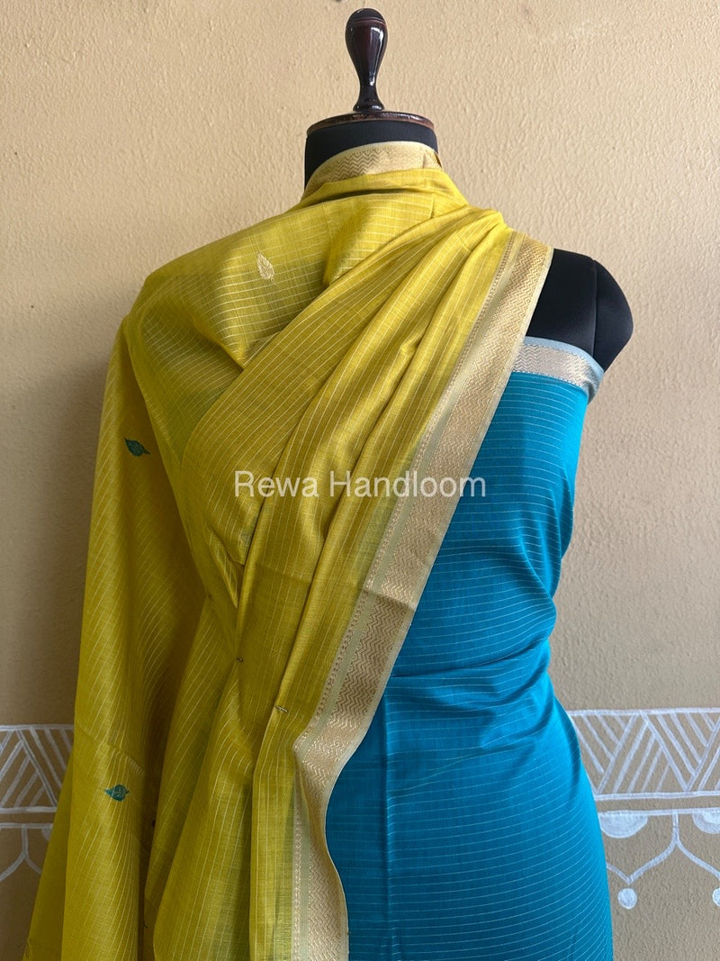 Maheshwari Sea Green-Yellow Peacock Buta-Buti Top-Dupatta Set BTP0221