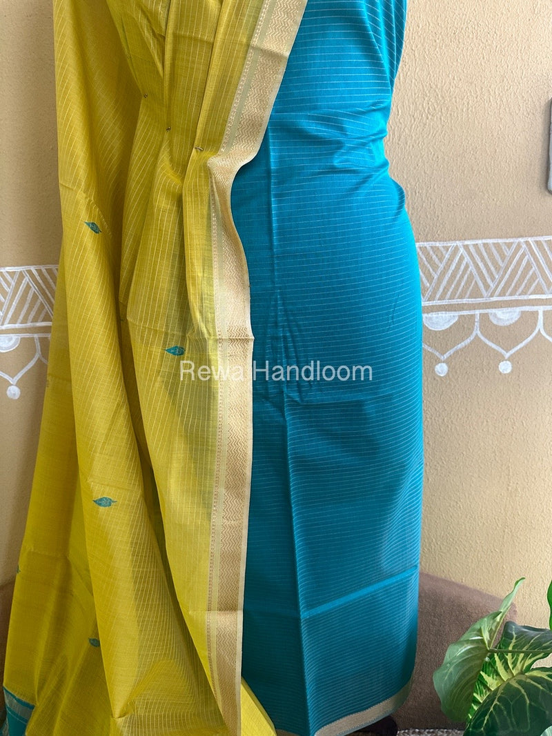 Maheshwari Sea Green-Yellow Peacock Buta-Buti Top-Dupatta Set BTP0221