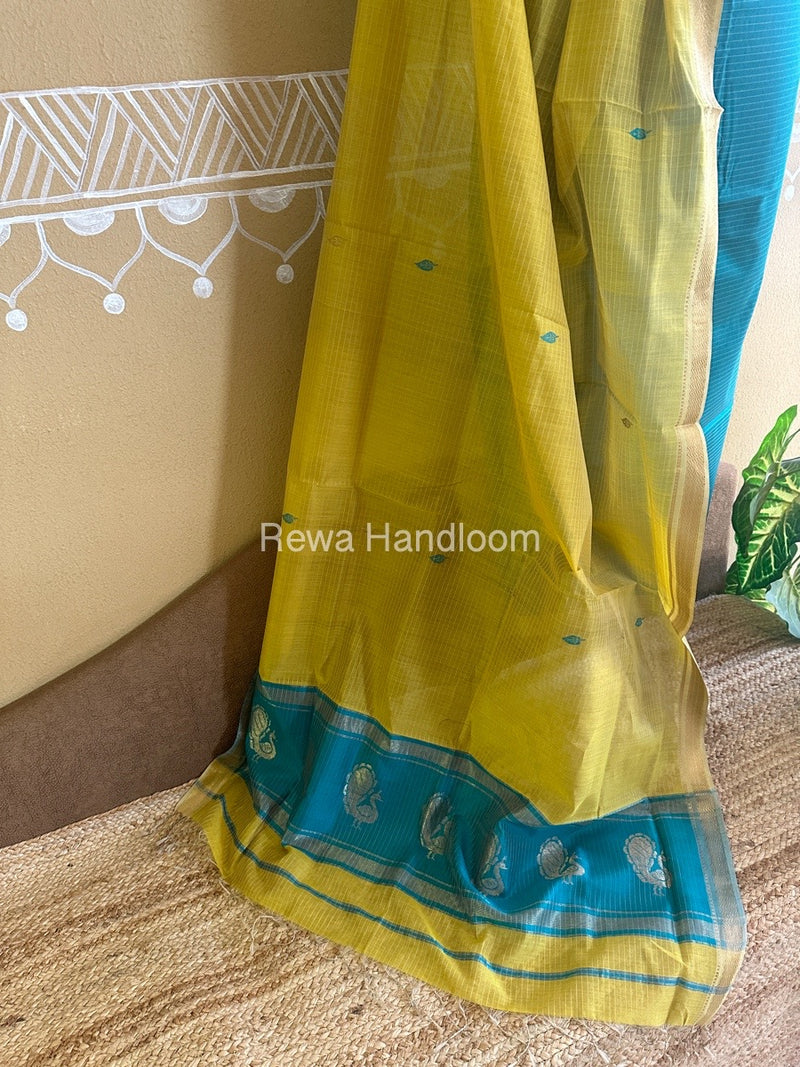 Maheshwari Sea Green-Yellow Peacock Buta-Buti Top-Dupatta Set BTP0221