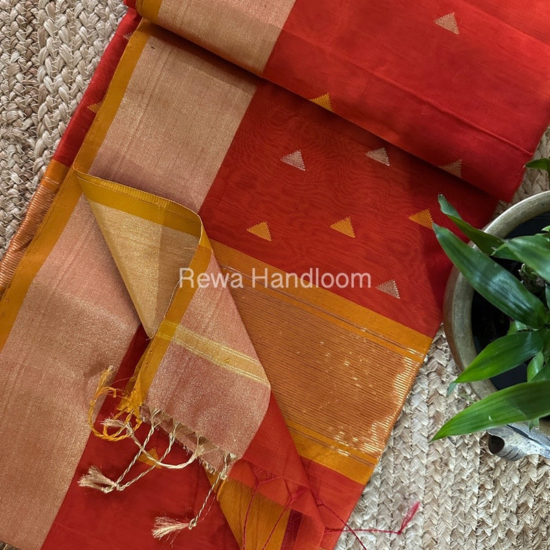Rust Orange Zari Butti Maheshwari Saree SB0128