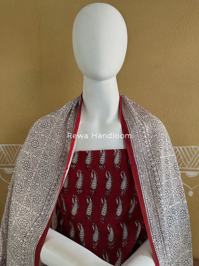 Maroon-White Bagh Print Cotton Suit BGCSJ068