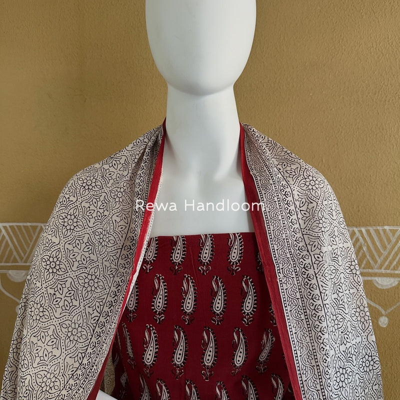 Maroon-White Bagh Print Cotton Suit BGCSJ068