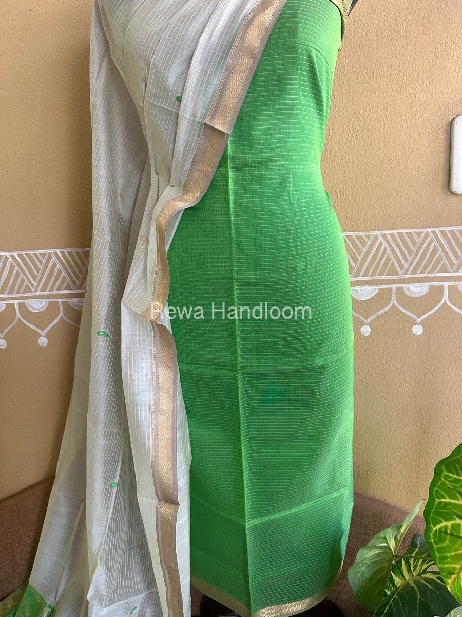 Maheshwari Green-White Peacock Buta-Buti Top-Dupatta Set BTP0257