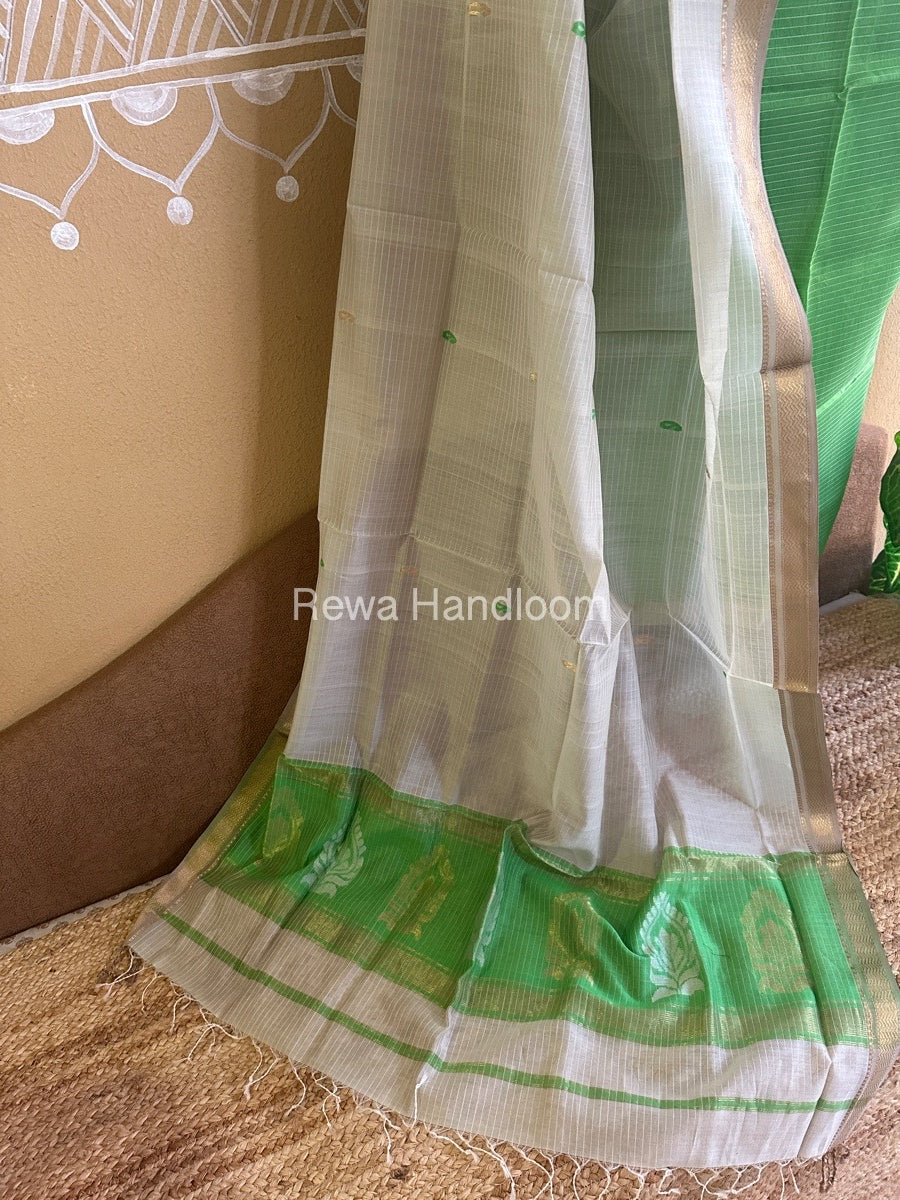 Maheshwari Green-White Peacock Buta-Buti Top-Dupatta Set BTP0257