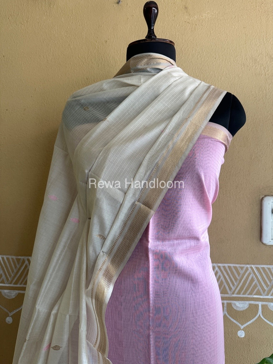 Maheshwari Baby Pink-Off White Peacock Buta-Buti Top-Dupatta Set BTP0256