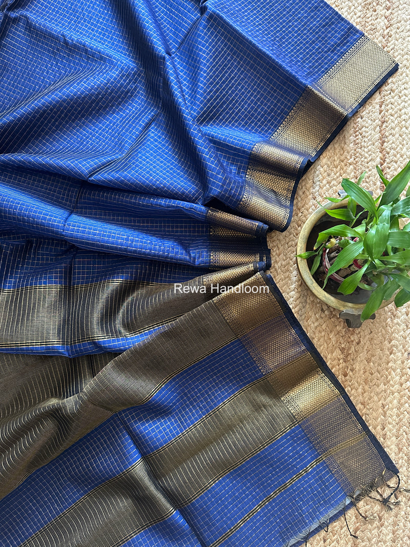 Maheshwari Dark Blue Zari Checks Saree ZCHX463