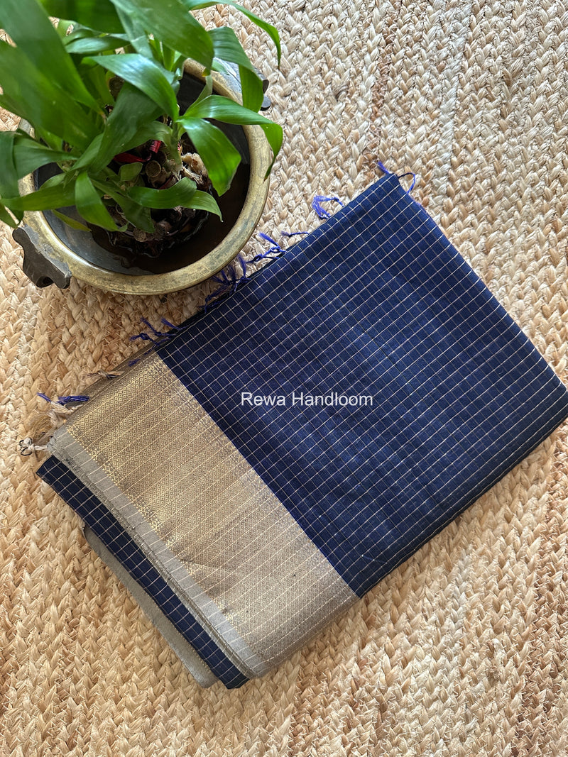 Maheshwari Dark Navy Blue Zari Checks Saree ZCHX471
