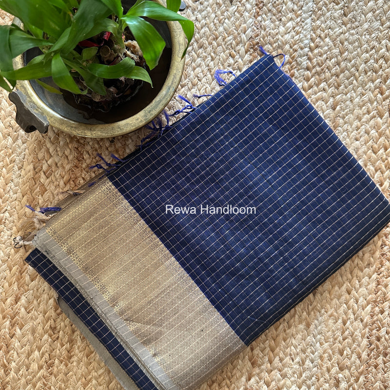 Maheshwari Dark Navy Blue Zari Checks Saree ZCHX471