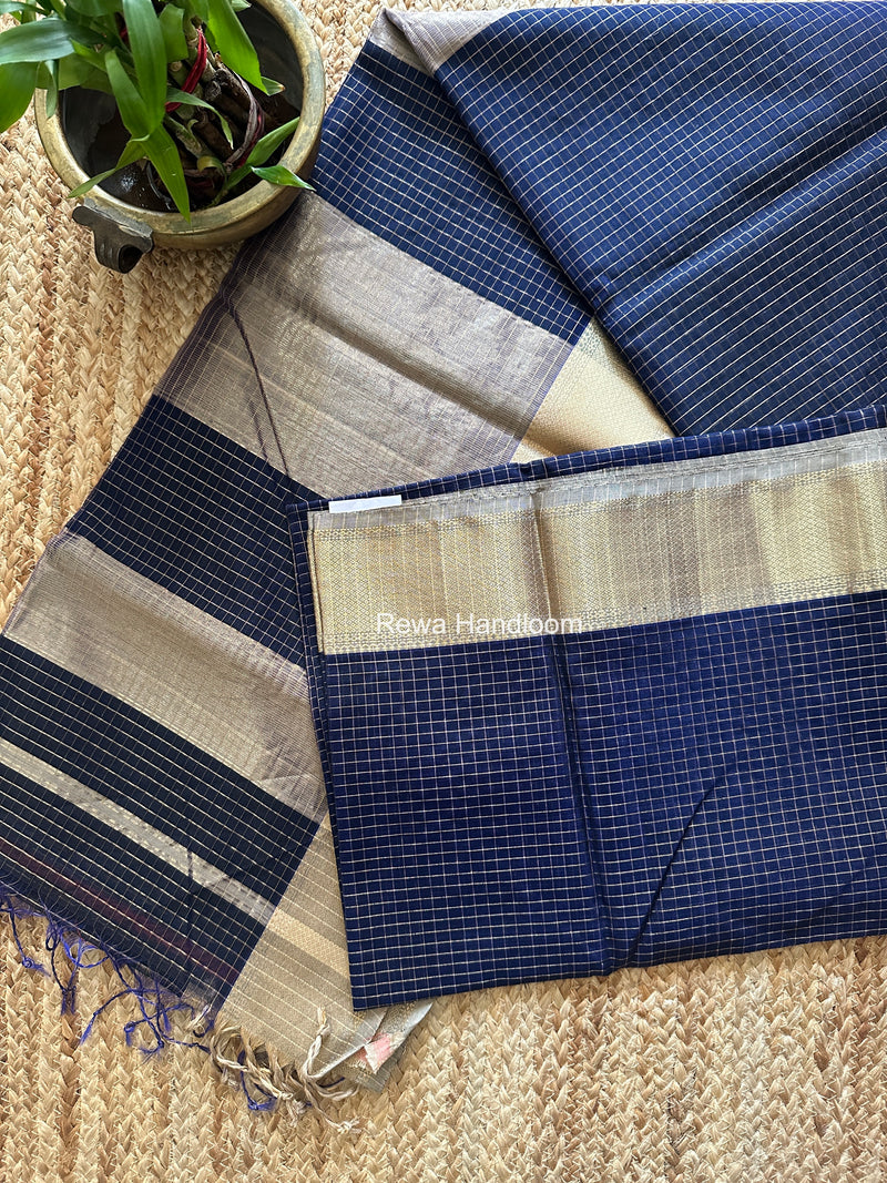 Maheshwari Dark Navy Blue Zari Checks Saree ZCHX471