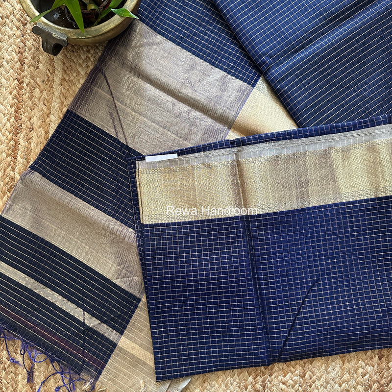 Maheshwari Dark Navy Blue Zari Checks Saree ZCHX471