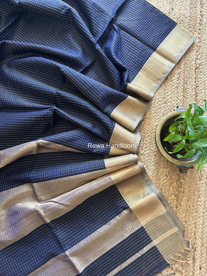 Maheshwari Dark Navy Blue Zari Checks Saree ZCHX471