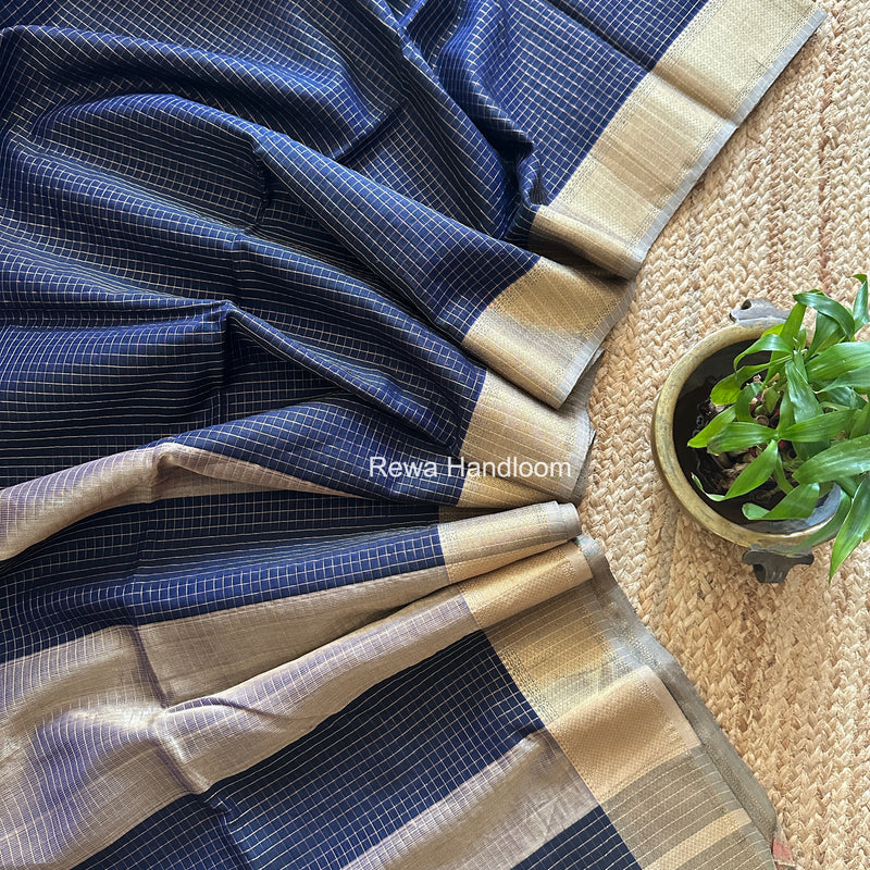 Maheshwari Dark Navy Blue Zari Checks Saree ZCHX471