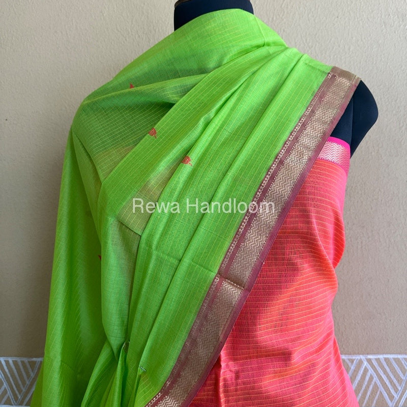Maheshwari Orange-Parrot Green Peacock Buta-Buti Top-Dupatta Set BTP014