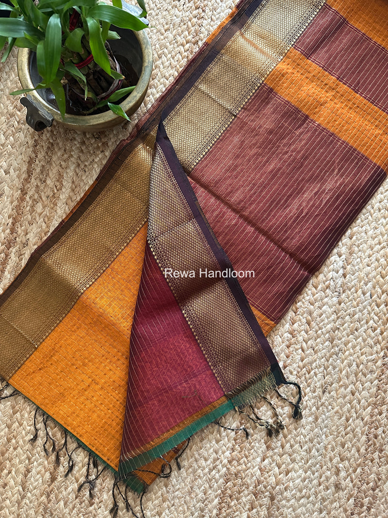 Maheshwari Rust Orange Zari Checks Saree ZCHX476