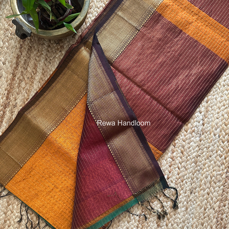 Maheshwari Rust Orange Zari Checks Saree ZCHX476
