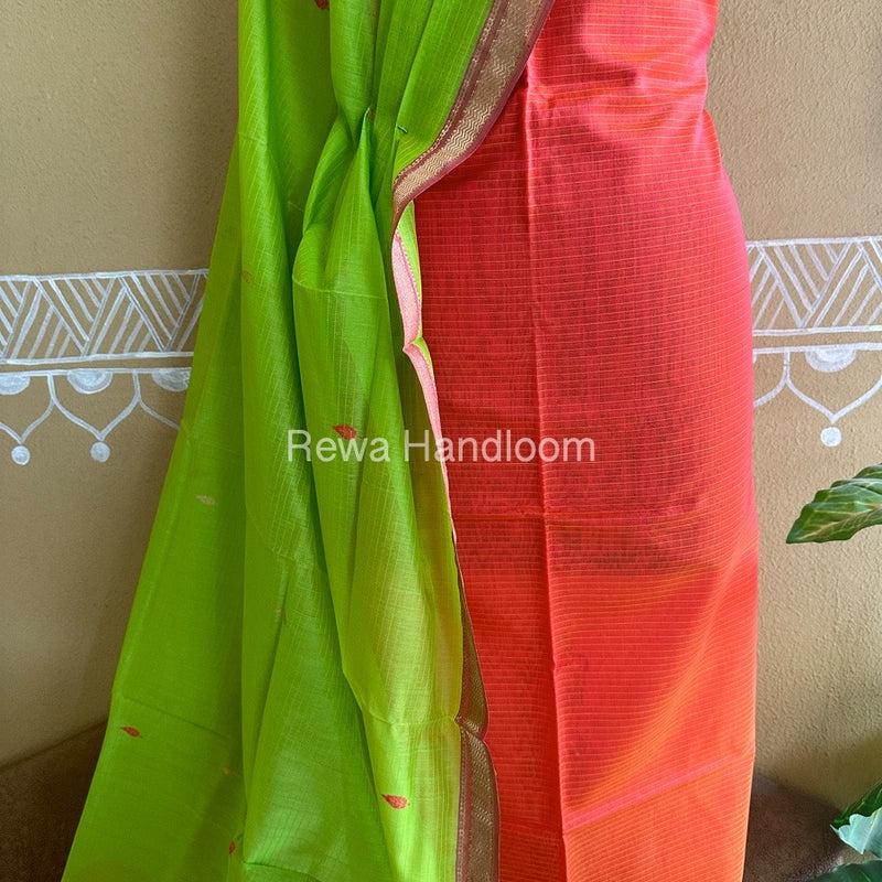 Maheshwari Orange-Parrot Green Peacock Buta-Buti Top-Dupatta Set BTP014