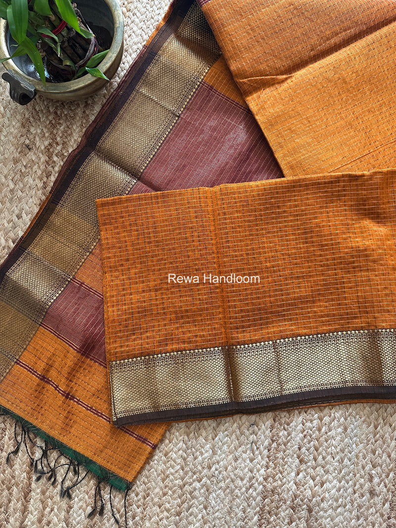 Maheshwari Rust Orange Zari Checks Saree ZCHX476