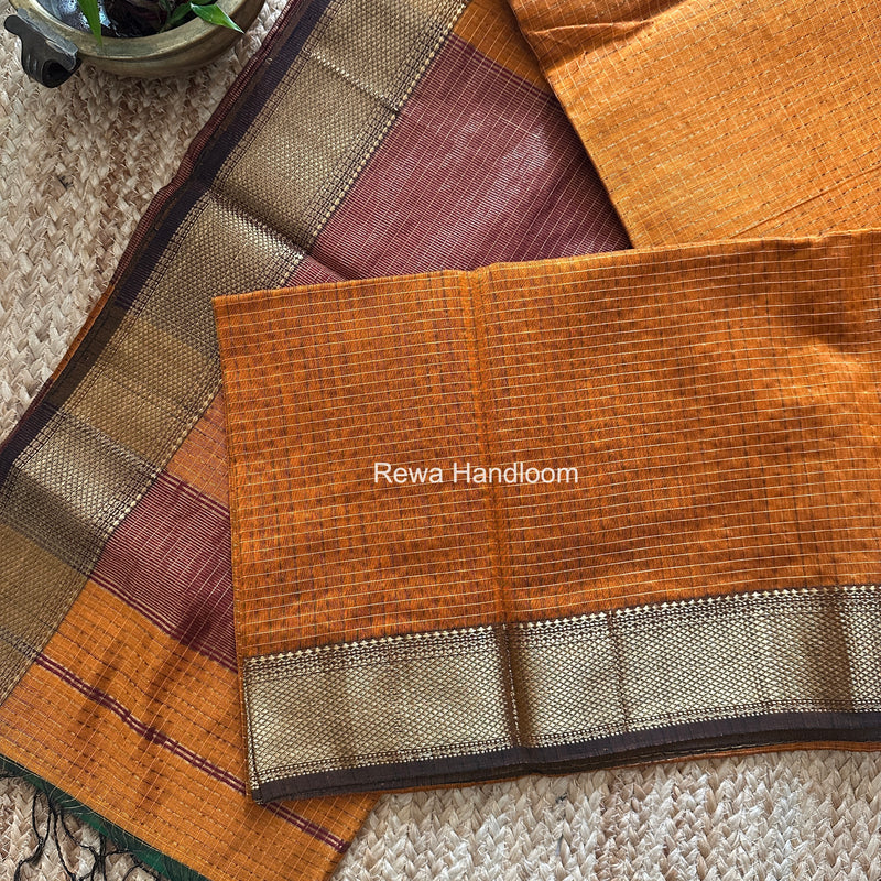 Maheshwari Rust Orange Zari Checks Saree ZCHX476